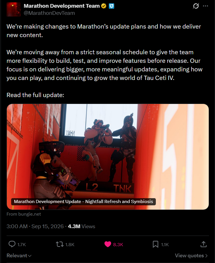 新作『Marathon』のSteam同接、1週間で半減 海外掲示板で酷評相次ぐ